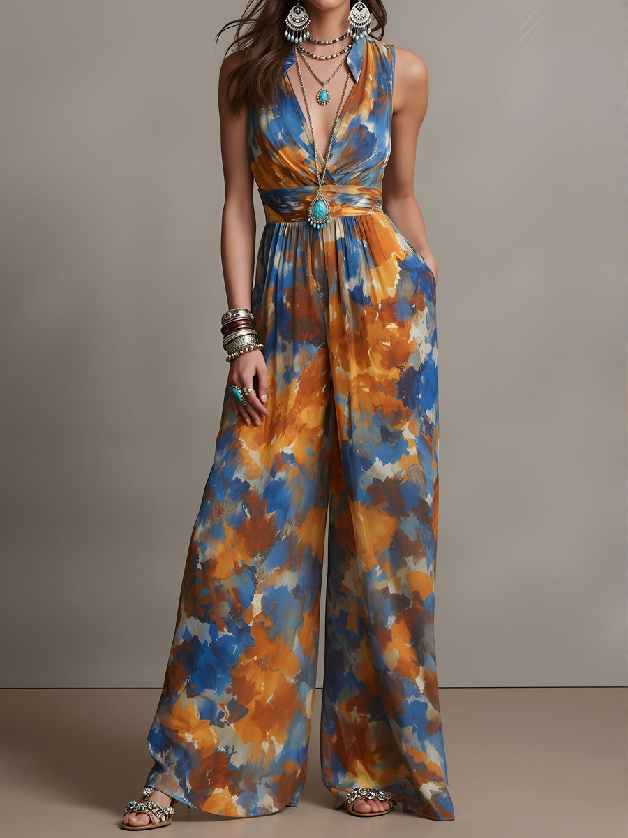 Boho Abstract Watercolor Print Wide-Leg Jumpsuit