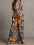 Boho Abstract Watercolor Print Wide-Leg Jumpsuit