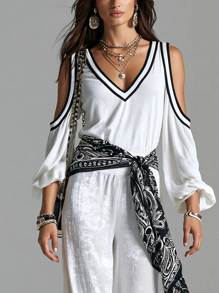 Bohemian White Off The Shoulder Top And Glossy Trousers Set
