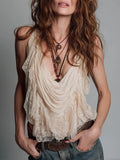 Vintage Draped-Neck Blouse With Lace Trim