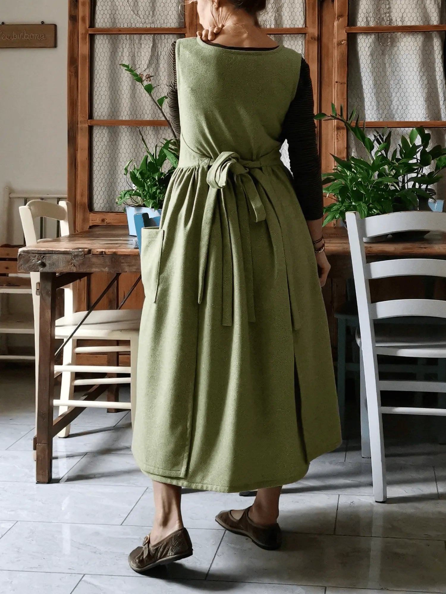 Green and Hazelnut Cotton Apron