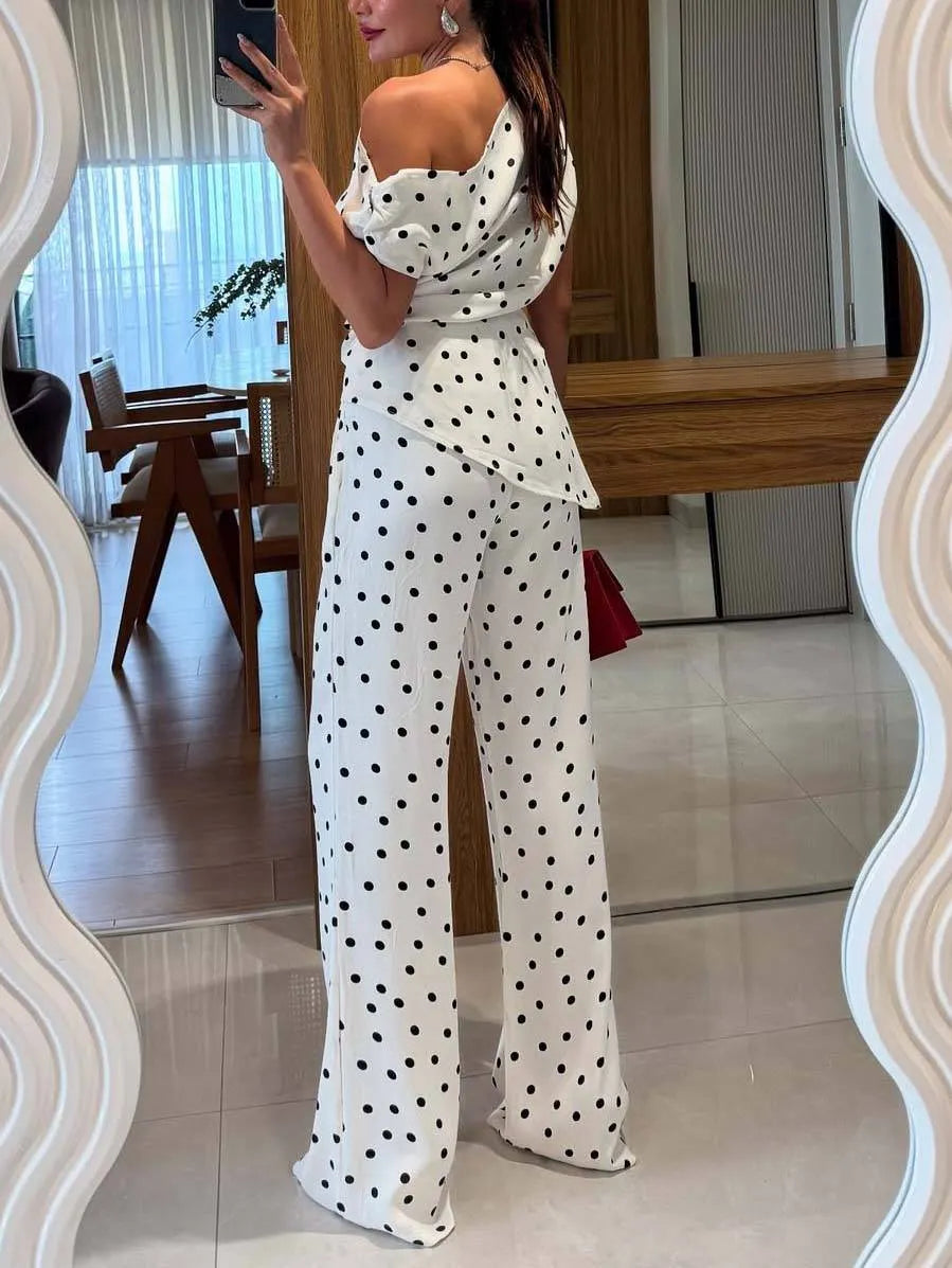 Vintage Polka Dot Off-Shoulder Top And Wide Leg Pants Suit-Pants