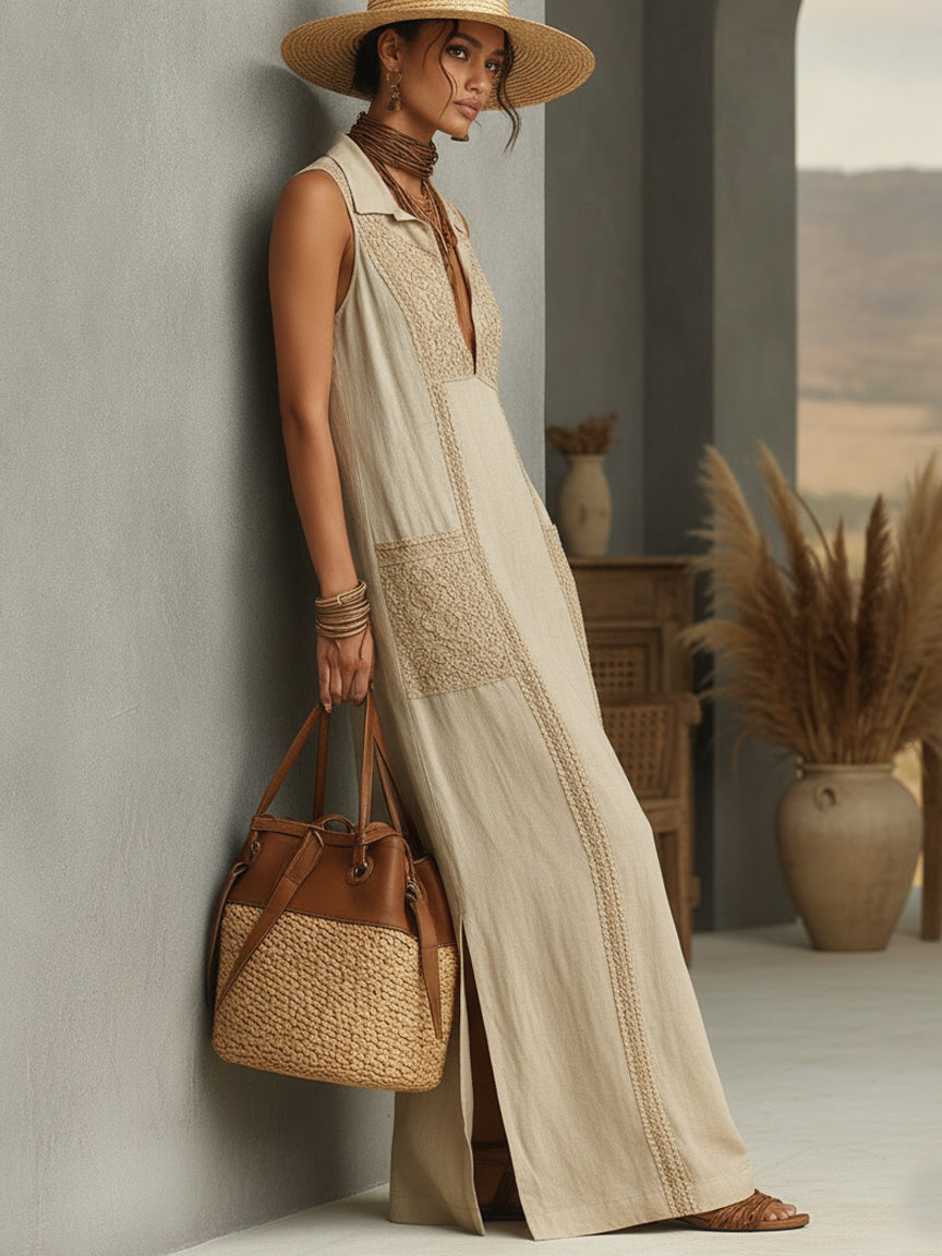 Beige Linen Blend Lace Patchwork Maxi Dress