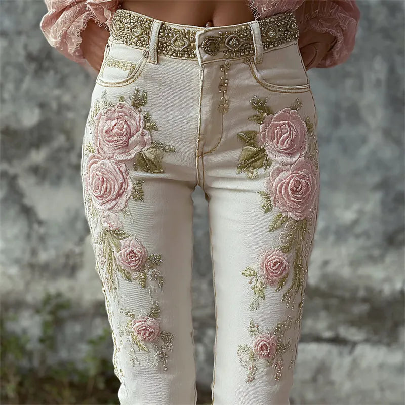 Vintage Cottage Pink Roses Glitter Embroidered Skinny Jeans