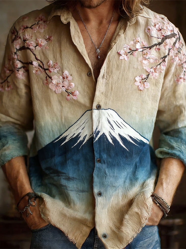 Japanese Style Mt. Fuji Gradient Pattern Men's Linen Long Sleeve Shirt