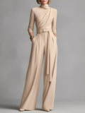 Women's Neutral-colored Cotton Blend Knit Jumpsuit With Gathered Waist MDA1516L0I