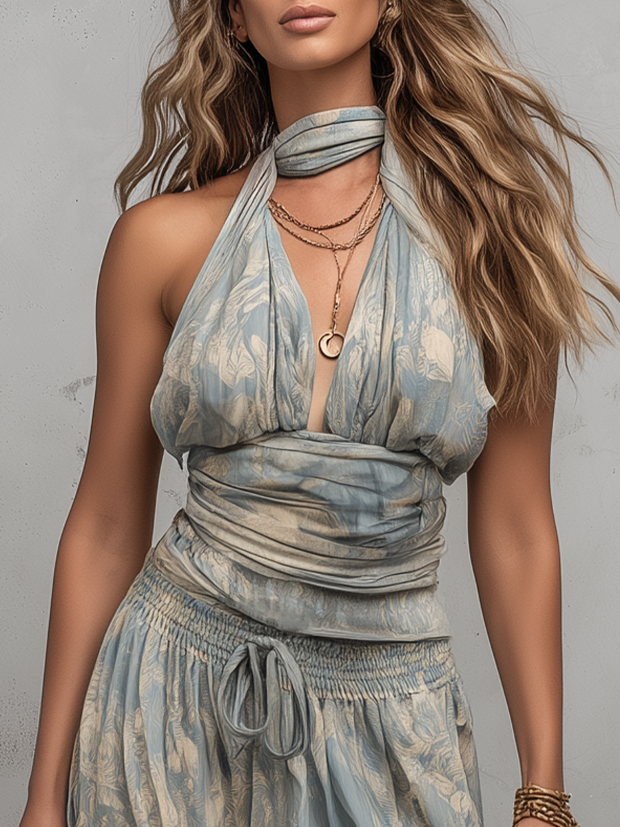 Boho Flowy Printed High Waist Wide Maxi Dress