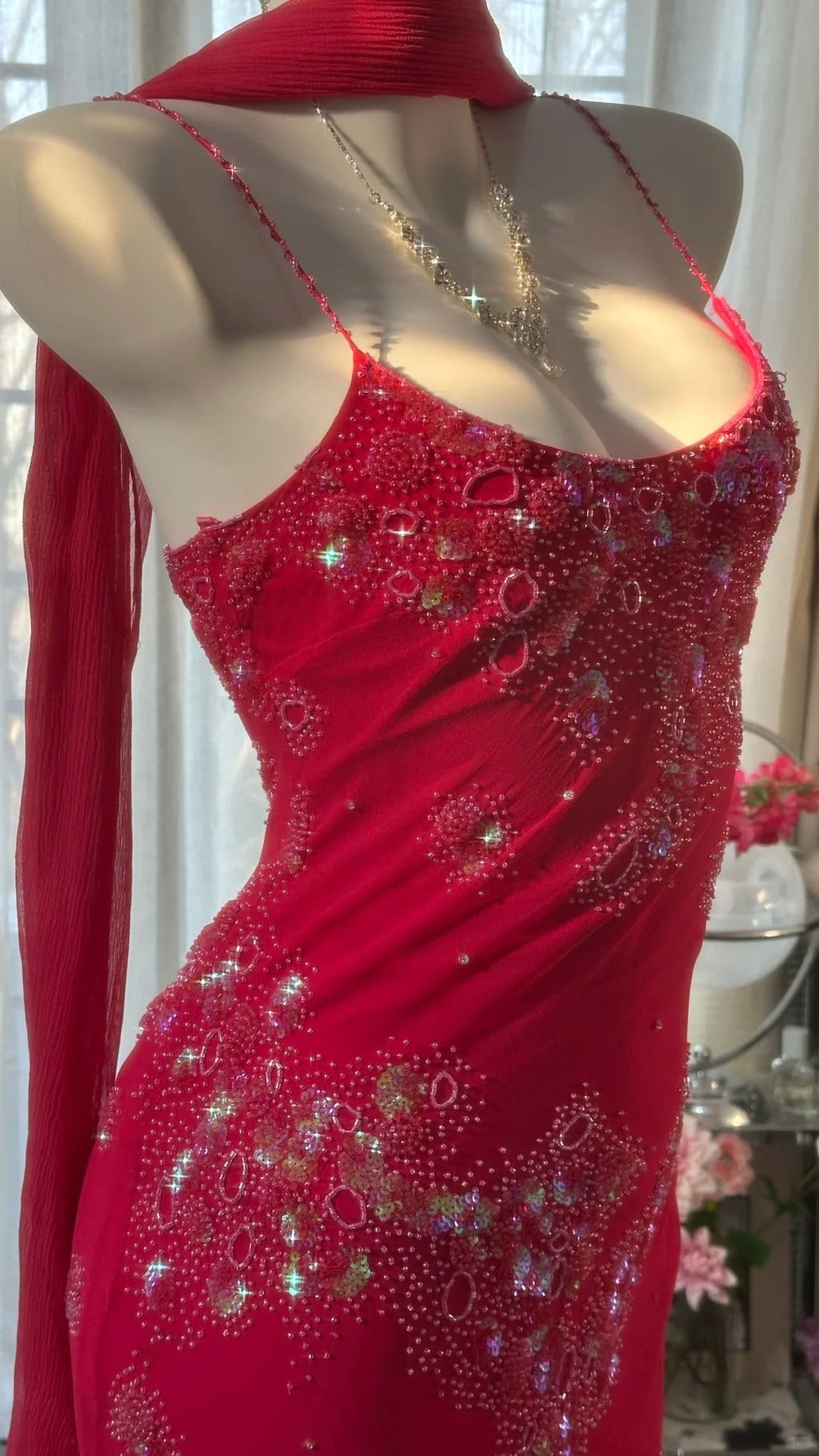 Red Romantic Gorgeous Fashion Elegant Exquisite Beaded Long Chiffon Ball Gown Evening Dress Birthday/Wedding Guest/Vacation Party Dress Prom Dress Valentine's Day Date Dress