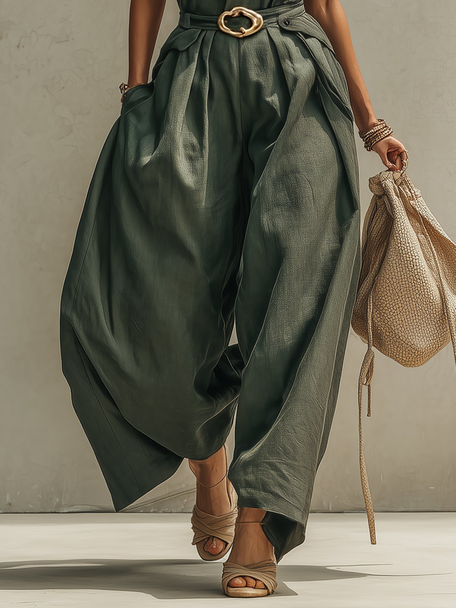 Green Linen Blend Sleeveless Jumpsuit