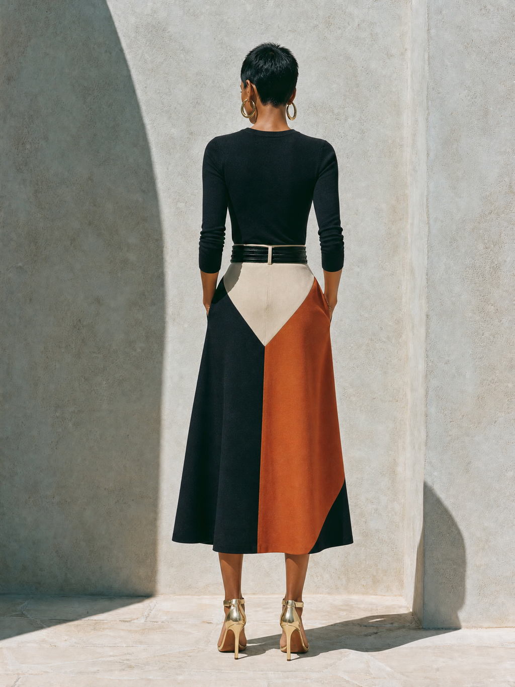 Women's Elegant Black Knit Color-Block Belted Long Sleeve A-Line Midi Dress MDZ1771G3ZSQ