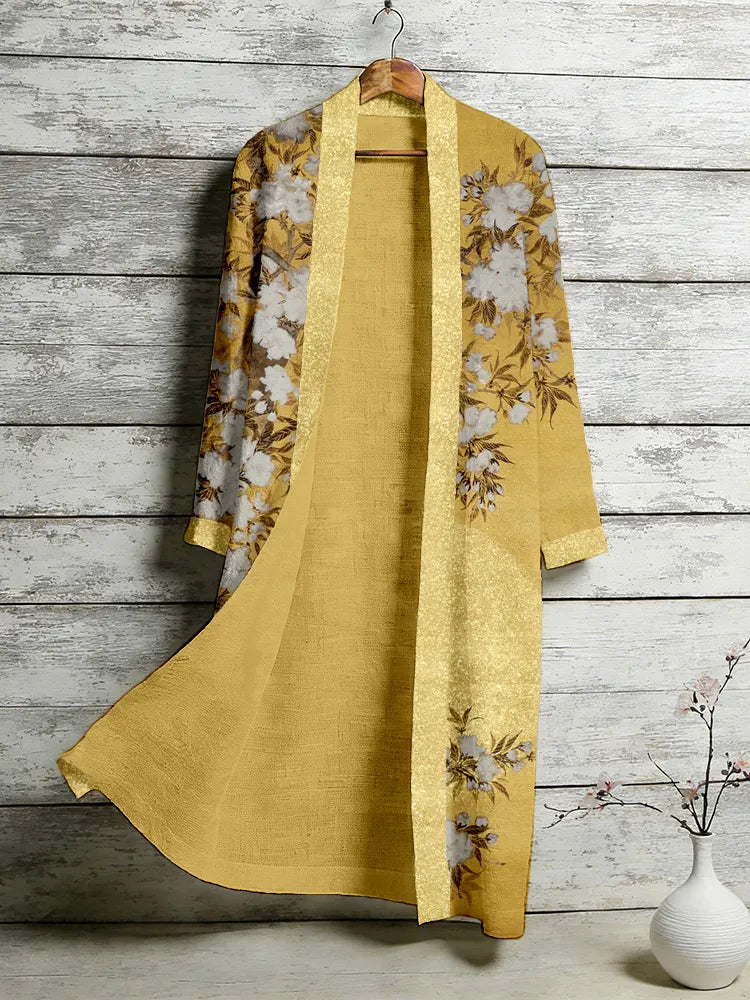Bright Sunshine Japanese Floral Art Flowy Linen Long Kimono
