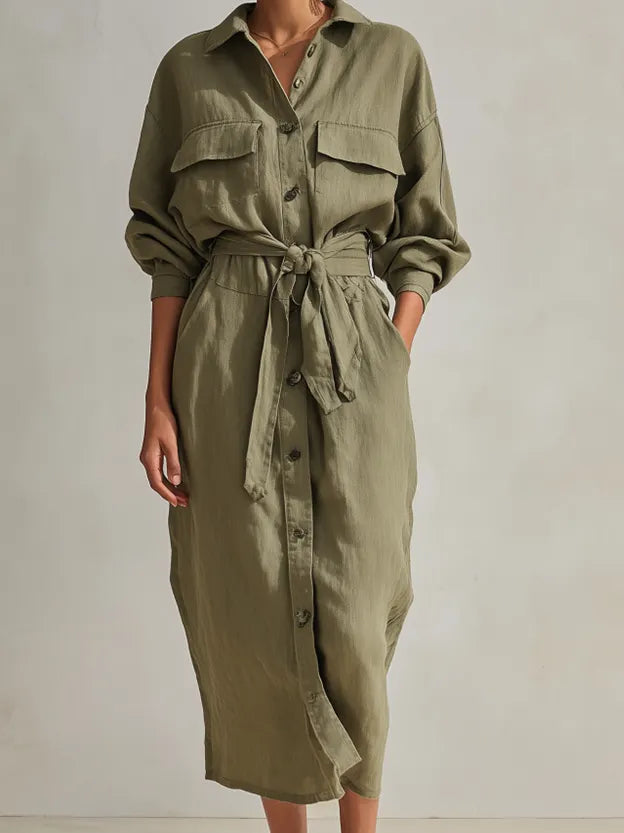 Women's Utility Style Olive Green Linen Blend Collared Long Sleeve Belted Button-Front Patch Pocket Midi Shirt Dress MDZ1569G6ZSQ