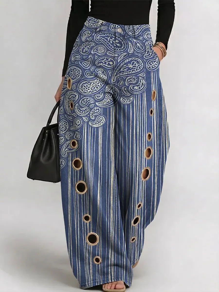 Women's Vintage Paisley Striped Pattern Print Casual Fashion Cutout Jeans