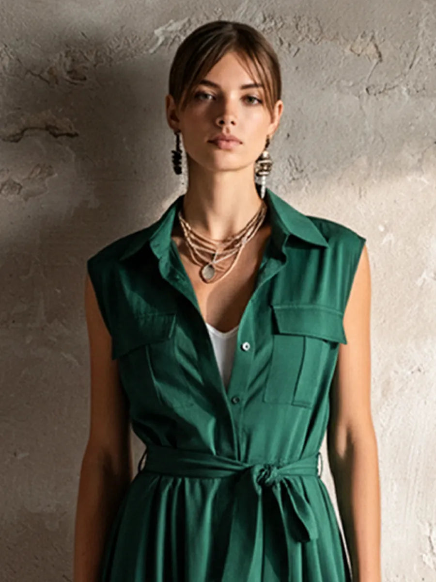 Women's Retro Office Style Dark Green Cotton Blend Lapel Sleeveless Waist Tie Fake Two-Piece Midi Dress MDZ3089F1GMJ
