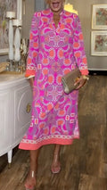 Pink Chain Print Long Sleeve Midi Dress
