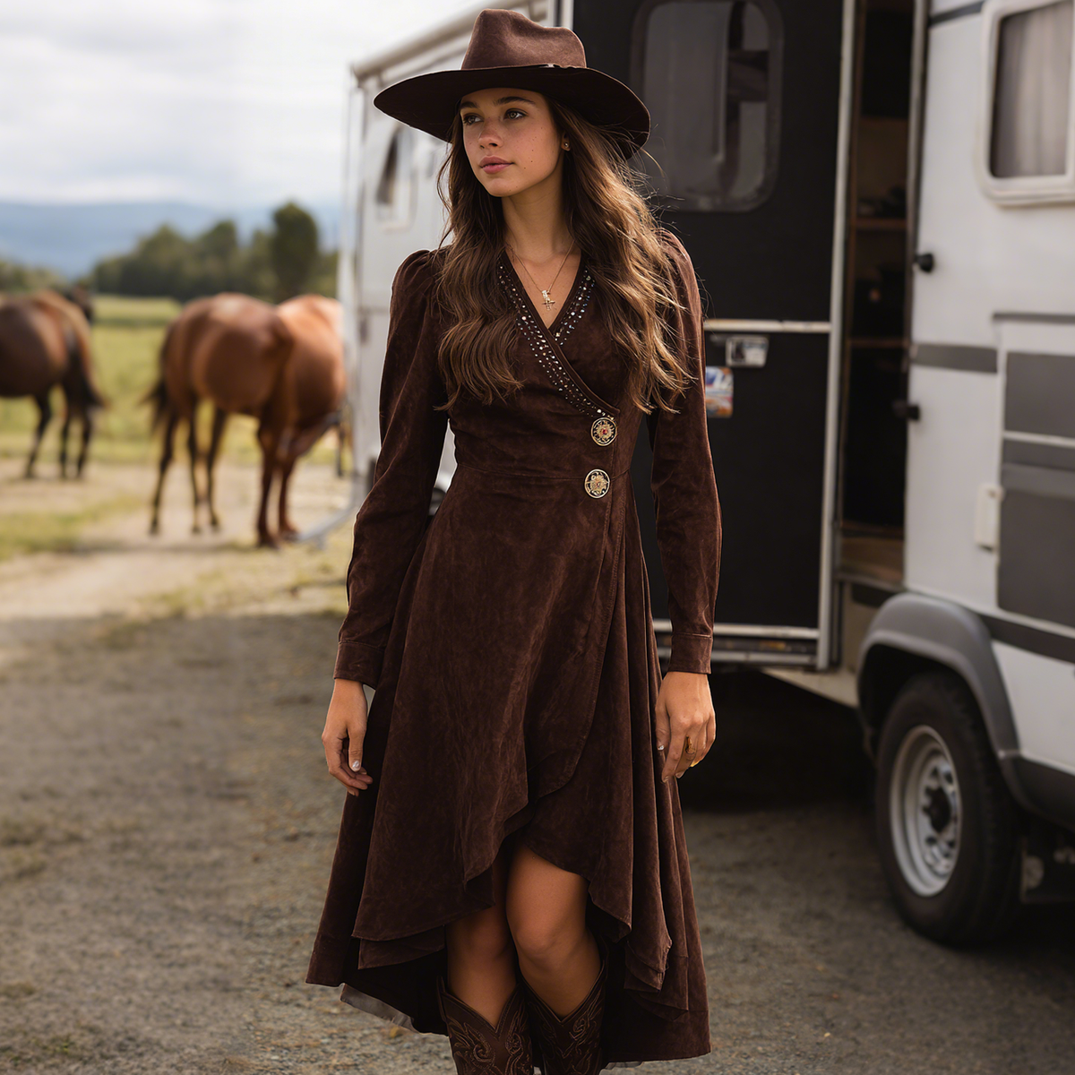 Women's Retro Western Style Mid-Neck Long Sleeve Maxi Dress
