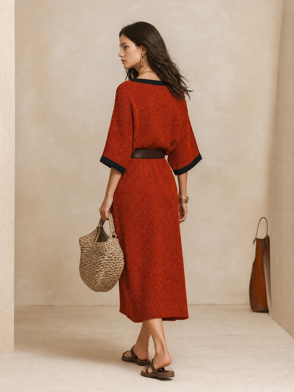 Minimalist Autumn Sweater-Knit Round-Neck Cocoon Brick Red Maxi Dress
