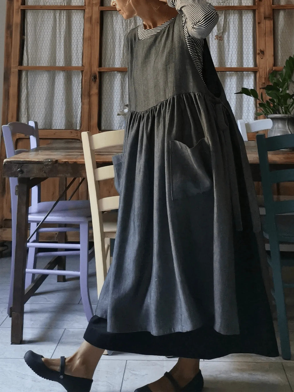 Grey Herringbone  Apron with Pockets