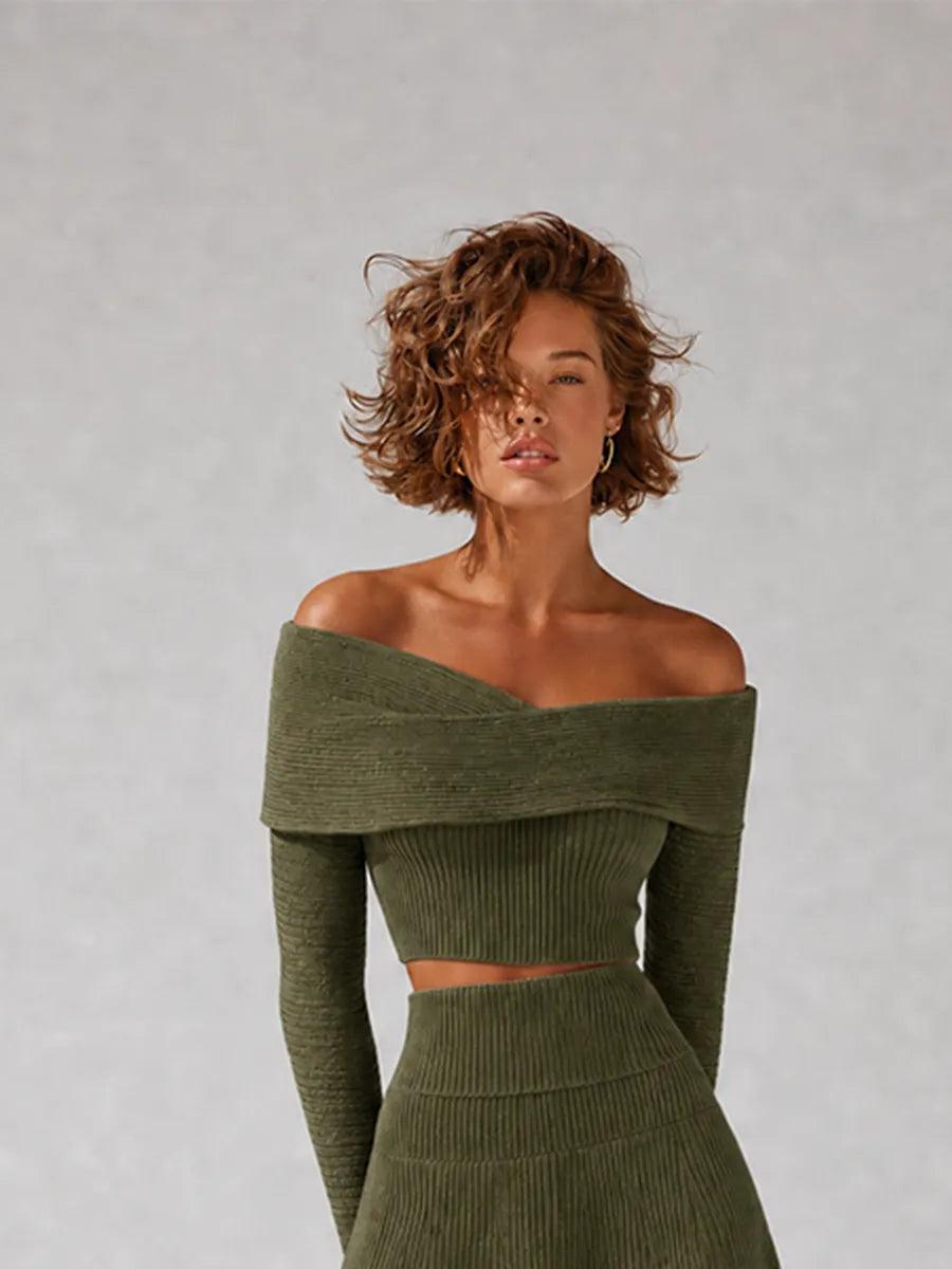 Women's Elegant Green Ribbed-Knit Off-Shoulder Crossover-Neck Long-Sleeve Cropped Top & High-Waisted A-Line Midi Skirt Set MDZ2462G3CMX