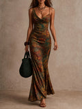 Boho Vintage Cowl Neck Floral Satin Straps Maxi Dress