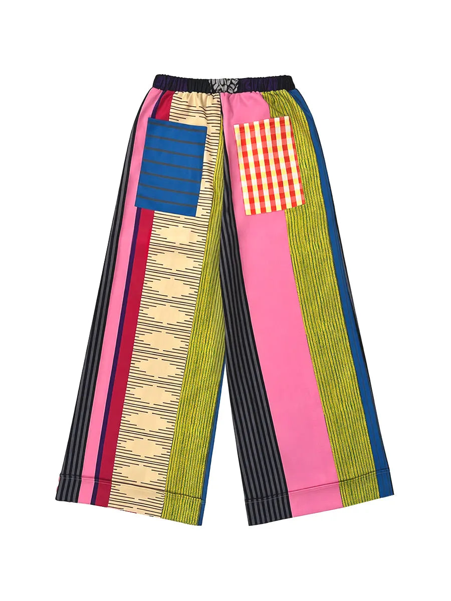 Loose Wide Leg Contrast Color Drawstring Printed Striped Casual Pants Bottoms Trousers