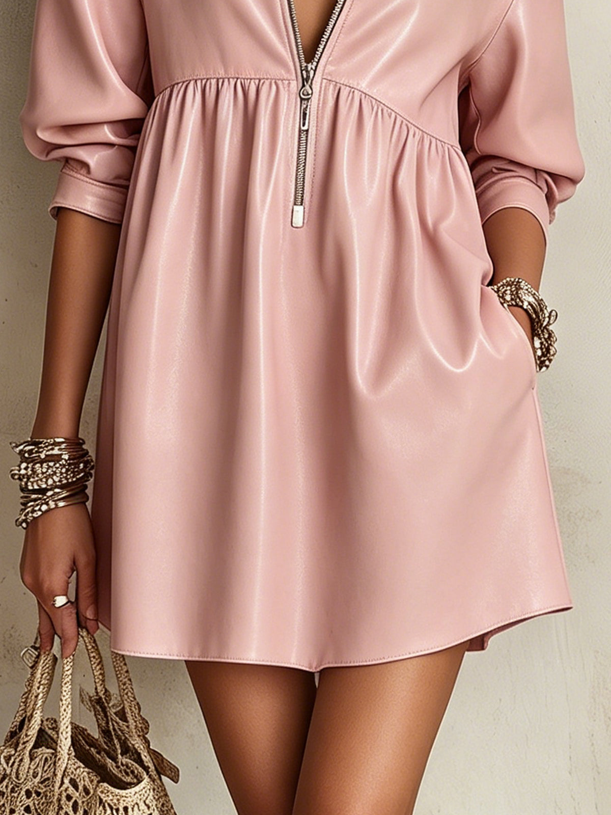Pink Faux Leather Zip-Front Mini Dress