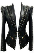 Long Sleeve Lace Up Faux Leather Jacket Black