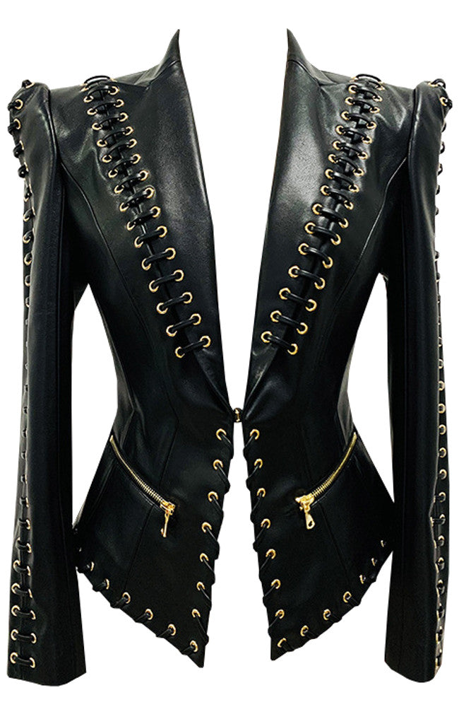 Long Sleeve Lace Up Faux Leather Jacket Black
