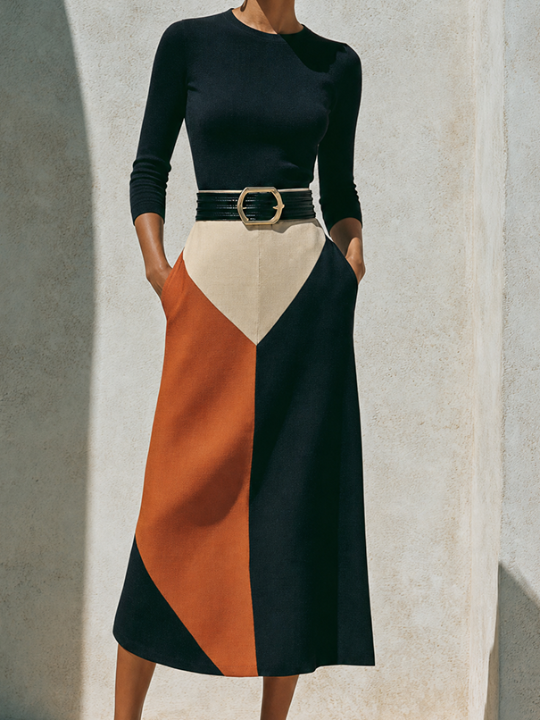 Women's Elegant Black Knit Color-Block Belted Long Sleeve A-Line Midi Dress MDZ1771G3ZSQ