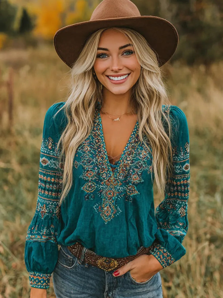 Women's Vintage Western Geometric Print V-neck T-shirt