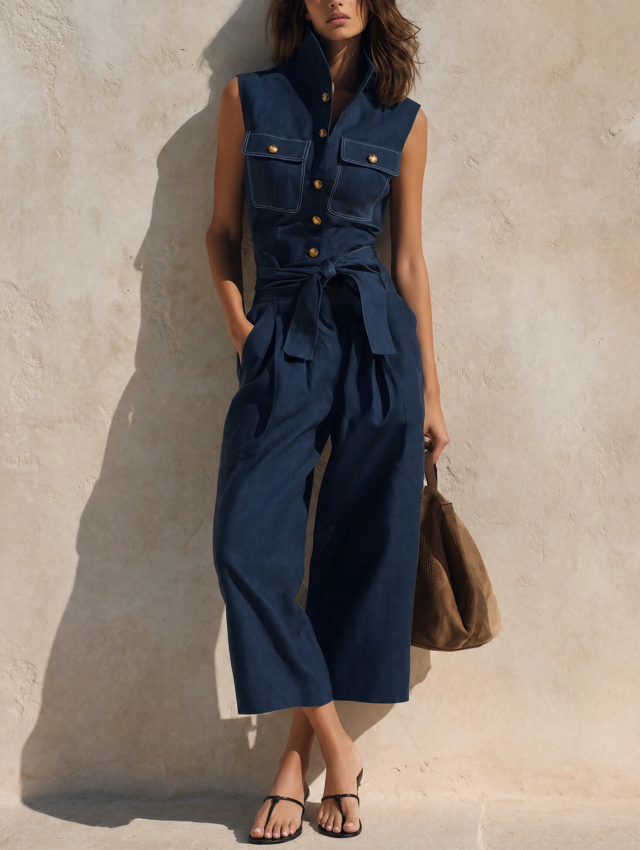 Women's Casual Navy Blue Cotton-linen Sleeveless Cropped Jumpsuit MDZ1643G5LXY