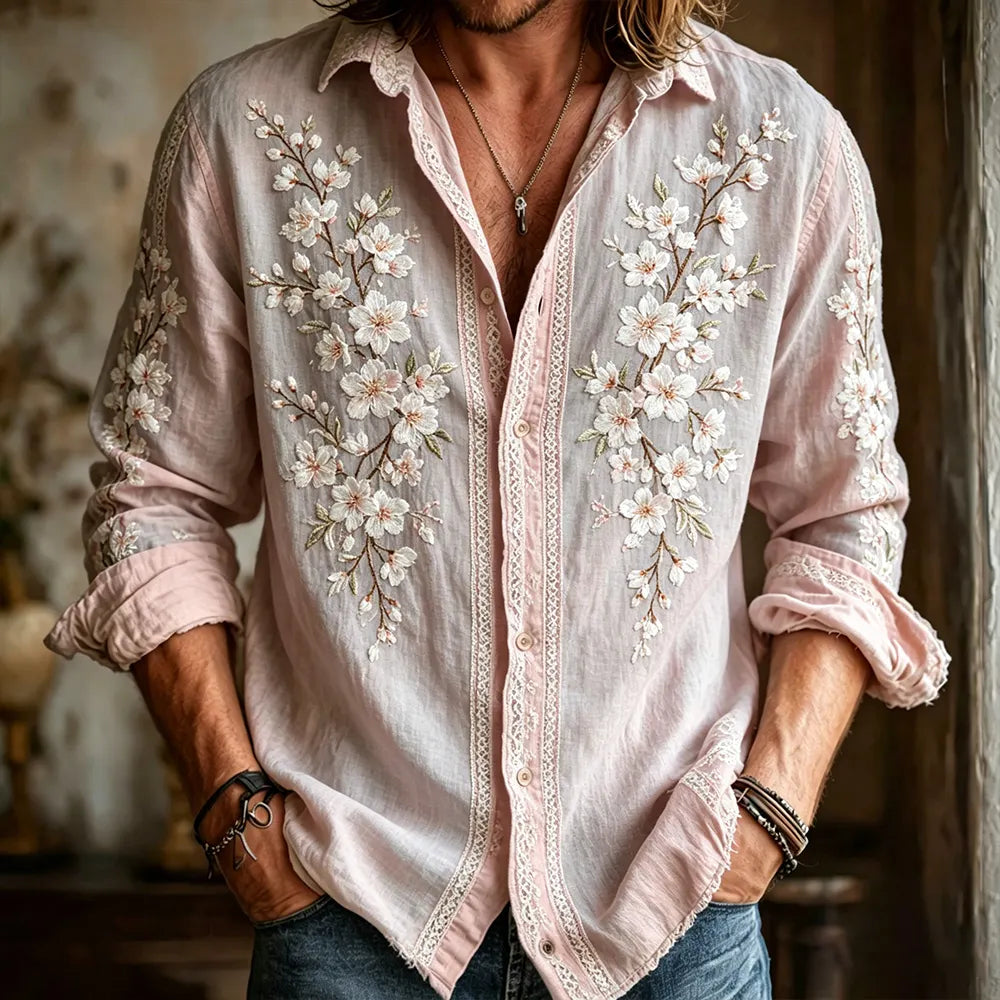 Vintage Romantic Spring Cherry Blossom Art Embroidered Cotton Linen Long Sleeve Cardigan Shirt