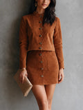Women's Retro Brown Corduroy Button-Front Stand Collar Mini Skirt Set MDZ2453G0GMJ