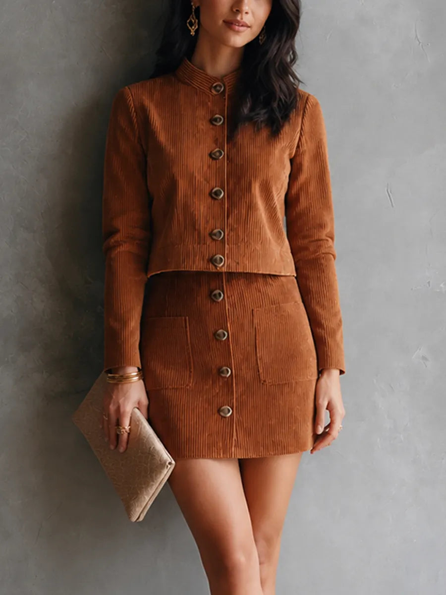 Women's Retro Brown Corduroy Button-Front Stand Collar Mini Skirt Set MDZ2453G0GMJ