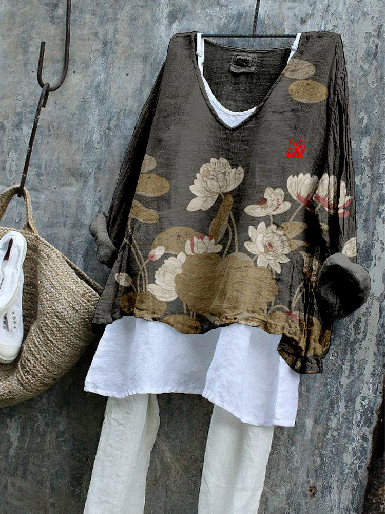 Vintage Lotus Flower Art Linen Blend Flowy Tunic