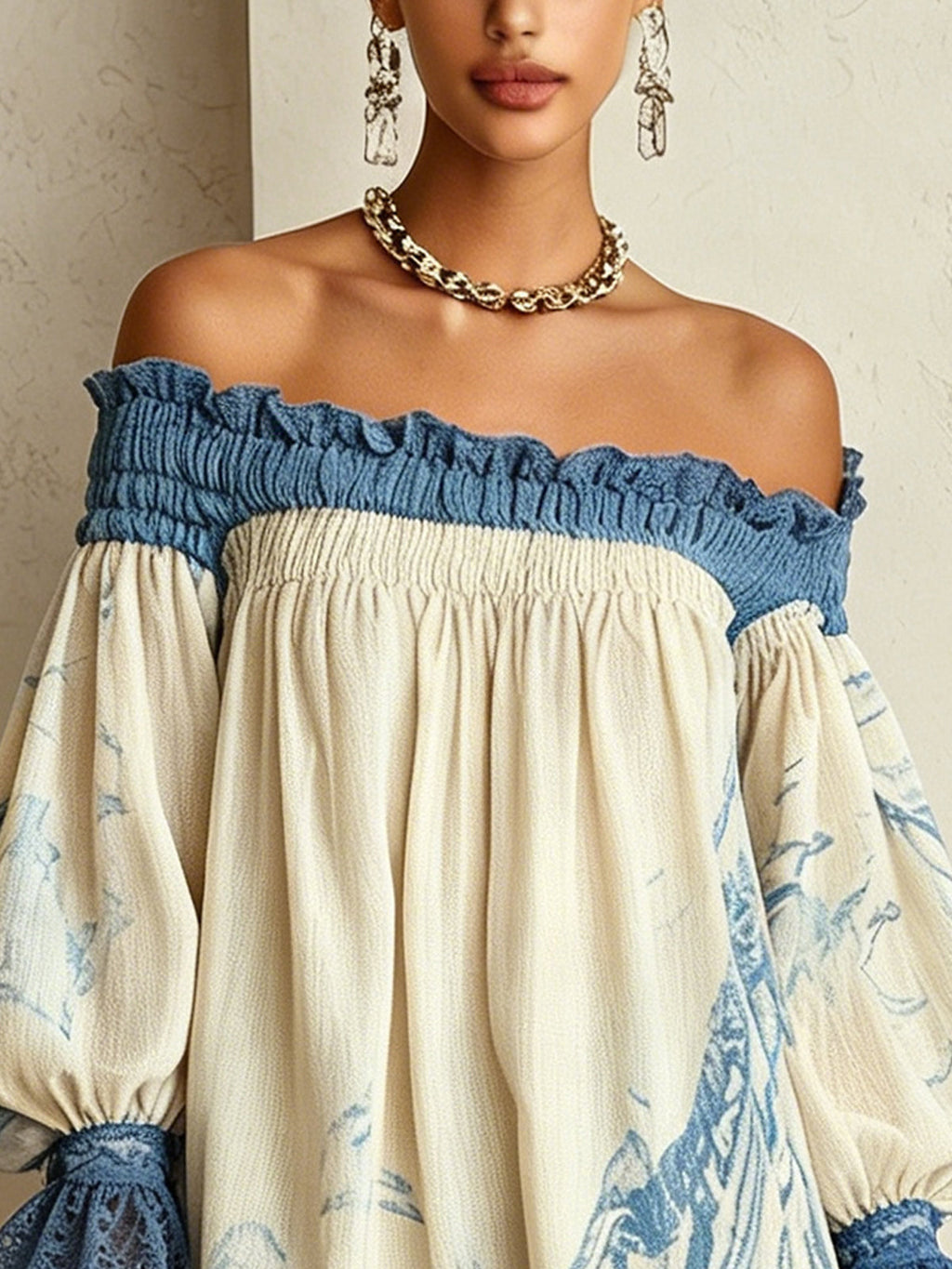 Off-Shoulder Cream And Blue Mini Dress With Lace Trim And Puff Sleeves