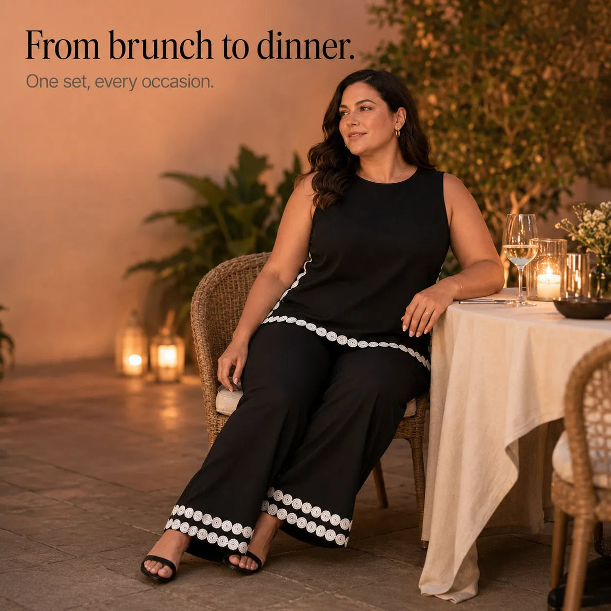 Marovée – Sleeveless Top & Wide Leg Pants Set with Crochet-like Trim Details