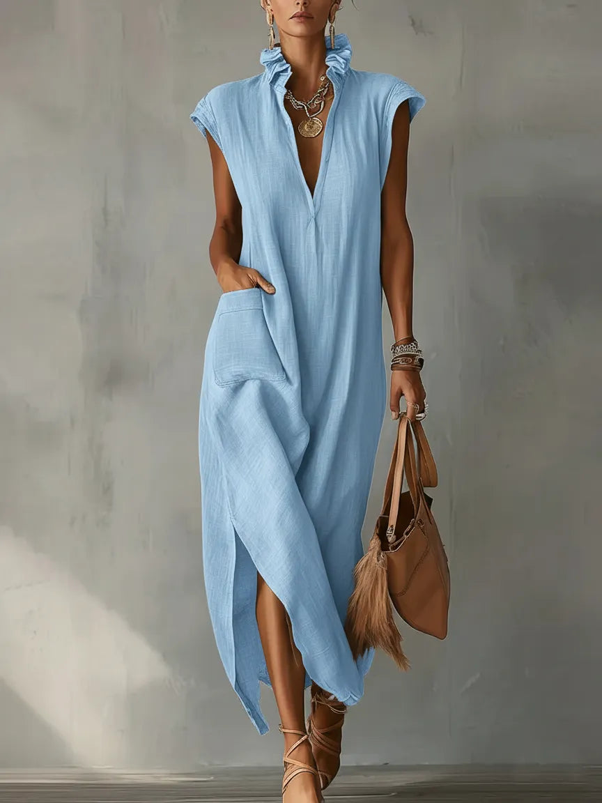 Women’s Ruffle Collar Cotton Linen Midi Dress – Elegant Summer Dress