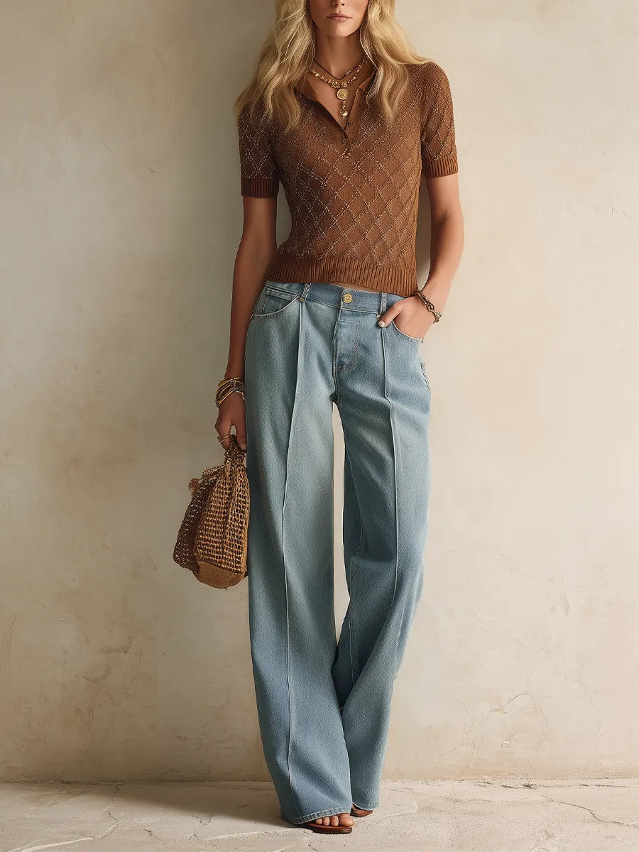 Coastal Chic Short Sleeve Crochet Knit Polo Top