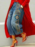 Women's Retro Ethnic Pattern Art Print Casual Jeans