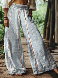 Blue & Orange Geometric Stripe Cotton-linen Elastic Waist Wide-leg Pants