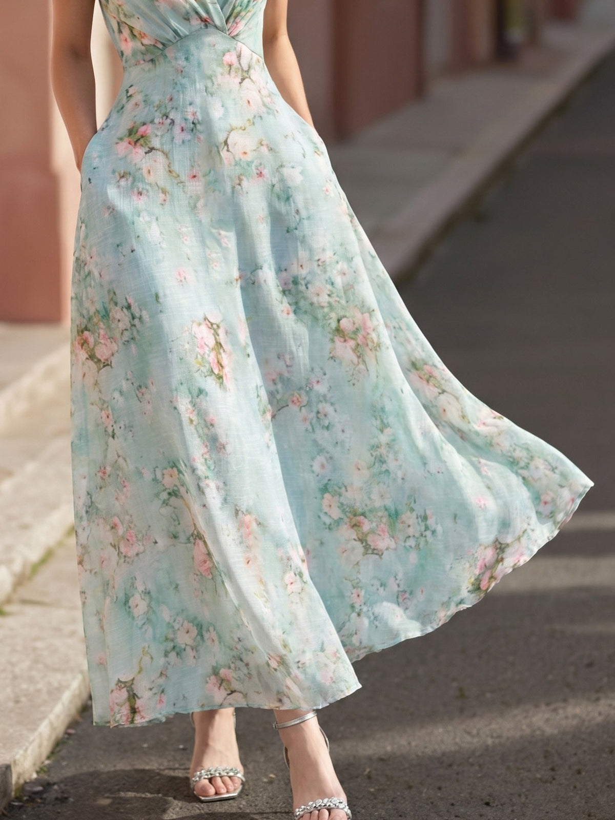 Maxi Linen Dress, Short Sleeves, V Neck, Floral, Wrap, Vacation, Vintage, Blue