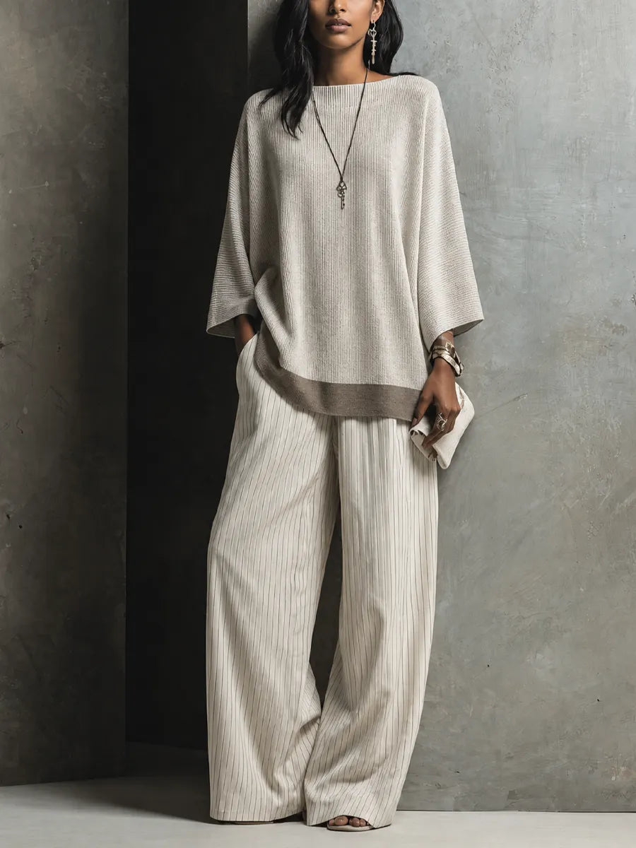 Women's Minimalist Ivory Knit Cotton Blend Ribbed Top Pinstripe Wide-Leg Pants Set MDZ2482G2GMJ