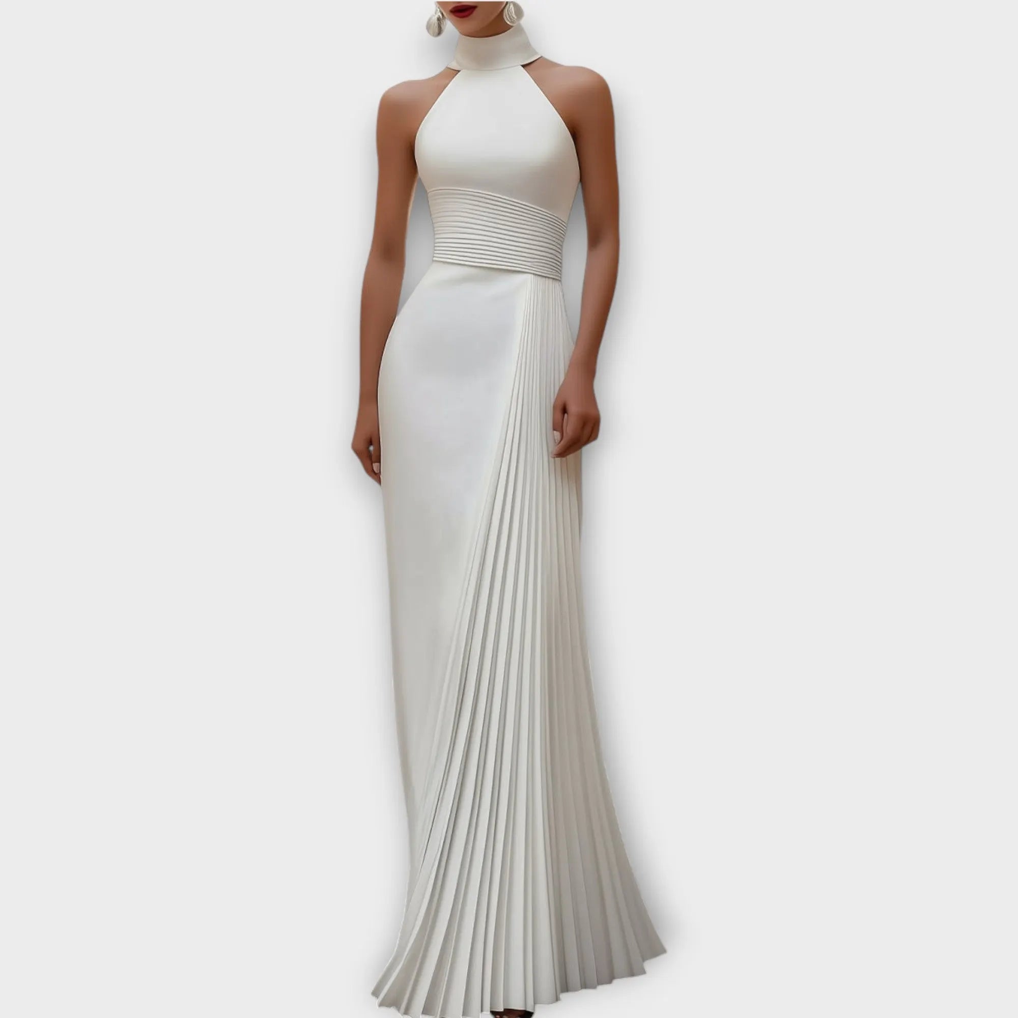 Elegant Satin Pleated Halter-Neck Evening Gown