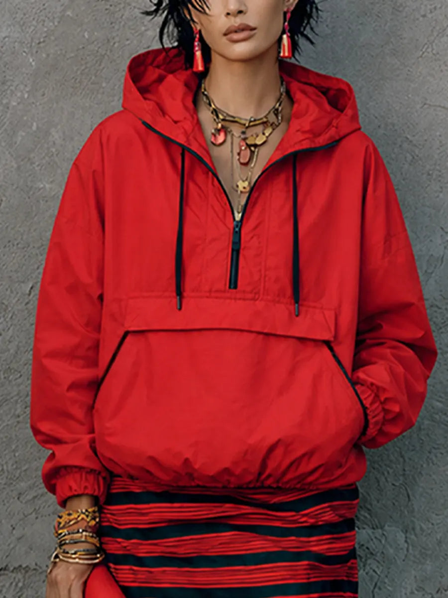 Women's Street Casual Bright Red Polyester Half Zip Hooded Kangaroo Pocket Cropped Windbreaker Sweatshirt MDZ1429G6GMJ