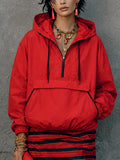 Women's Street Casual Bright Red Polyester Half Zip Hooded Kangaroo Pocket Cropped Windbreaker Sweatshirt MDZ1429G6GMJ
