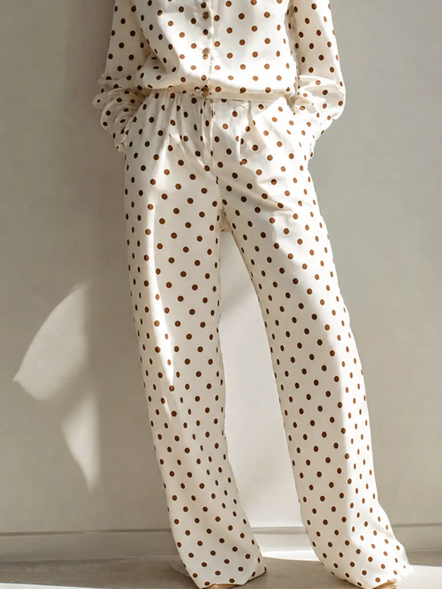 Women's Elegant Vintage off-white Brown Polka-Dot Collared Long-Sleeve Shirt & High-Waisted Wide-Leg Pants Satin Set MDZ1582G8CMX