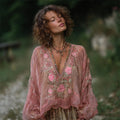Vintage Boho Pink Roses Embroidered Flowy Linen Tunic