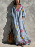 Women's Casual Blue And White Striped Print Woven Maxi Dress With V-Neck And Puff Sleeves MDZ2334G8LXY