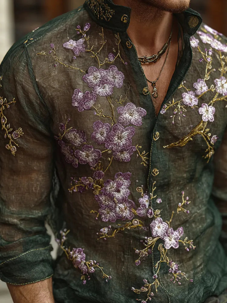 Bohemian Style Embroidered Flower Men's Long-sleeved Shirt